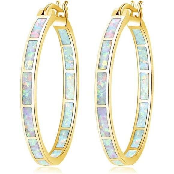White Opal Hoop Earrings Gold Plated 32mm Gemstone Hoop Jewelry Gift for Women - Picture 1 of 7